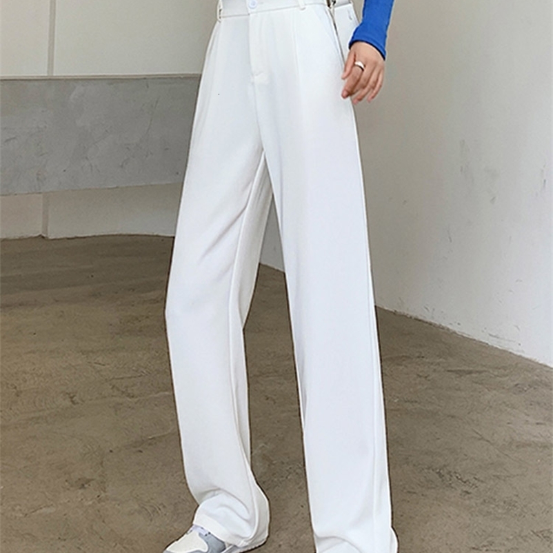 Women's Pants Capris Jielur White Wide Leg for Women High Waist Pockets Loose Workwear Office Lady Female Black Trousers S-XL Pantalon 221122