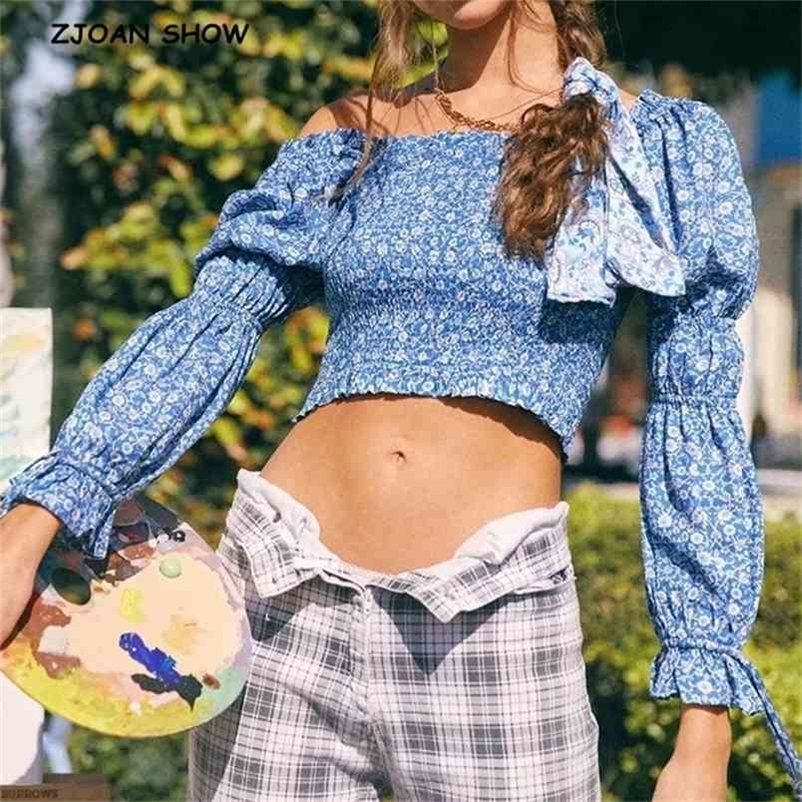 Women Ruched Elastic Slash neck floral Print Long sleeve Shirt Retro Lacing up Sheep Leg cuff Short Blouse Cropped Tops 210429