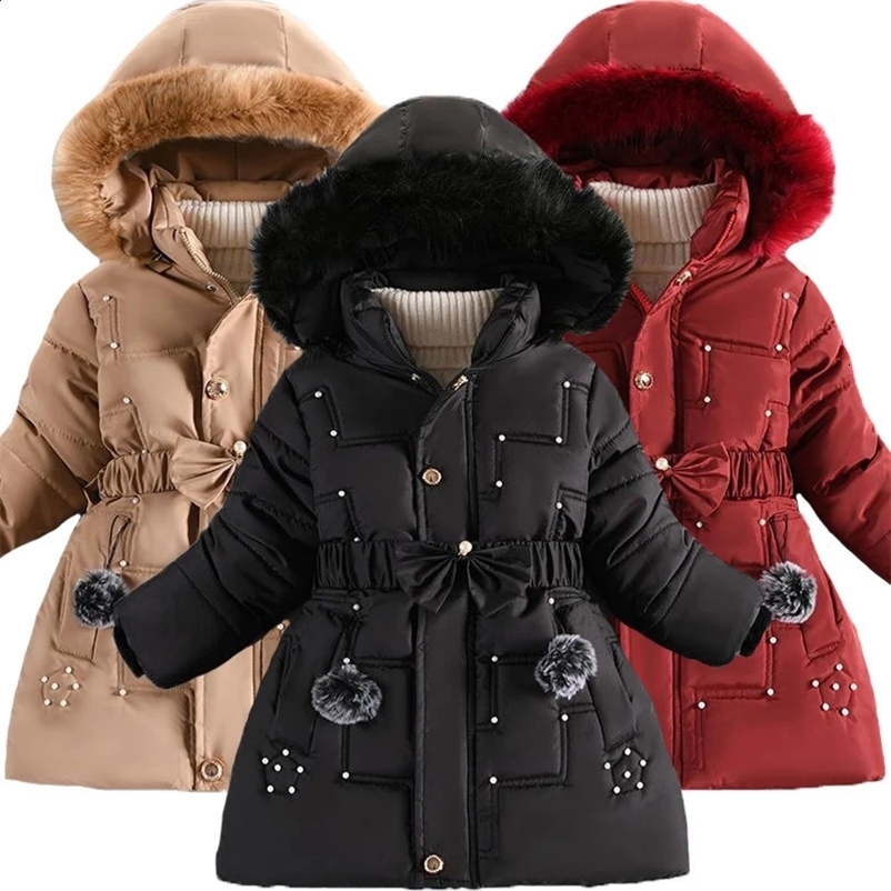 Thick warm winter girls jacket detachable hat plush collar apron childrens birthday gift 240903bj