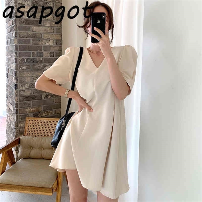 Dresses Women's Clothing Chic Korean V Neck Puff Short Sleeve Minimalism Temperament Loose Dress Women Mini Solid Retro Summer 210429
