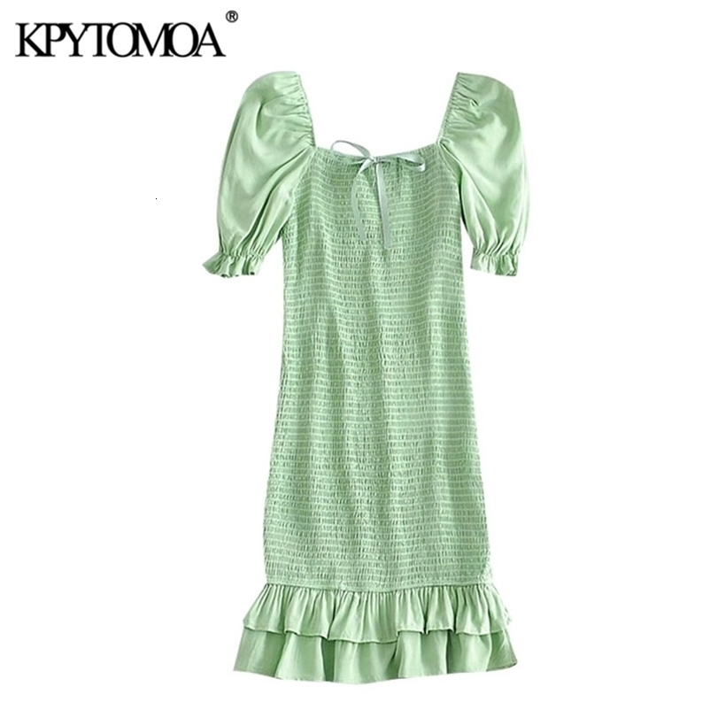Women Sweet Fashion Elastic Smocked Ruffled Mini Dress Square Collar Puff Sleeves Female Dresses Vestidos 210420