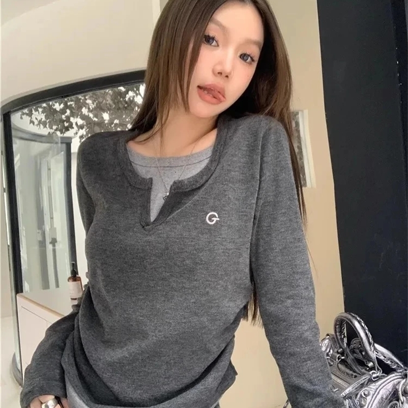 Autumn Winter Long Sleeves Korean Fashion Style O-neck Tshirt For Women two items T-shirts Ladies Top Tee Clothes 250208