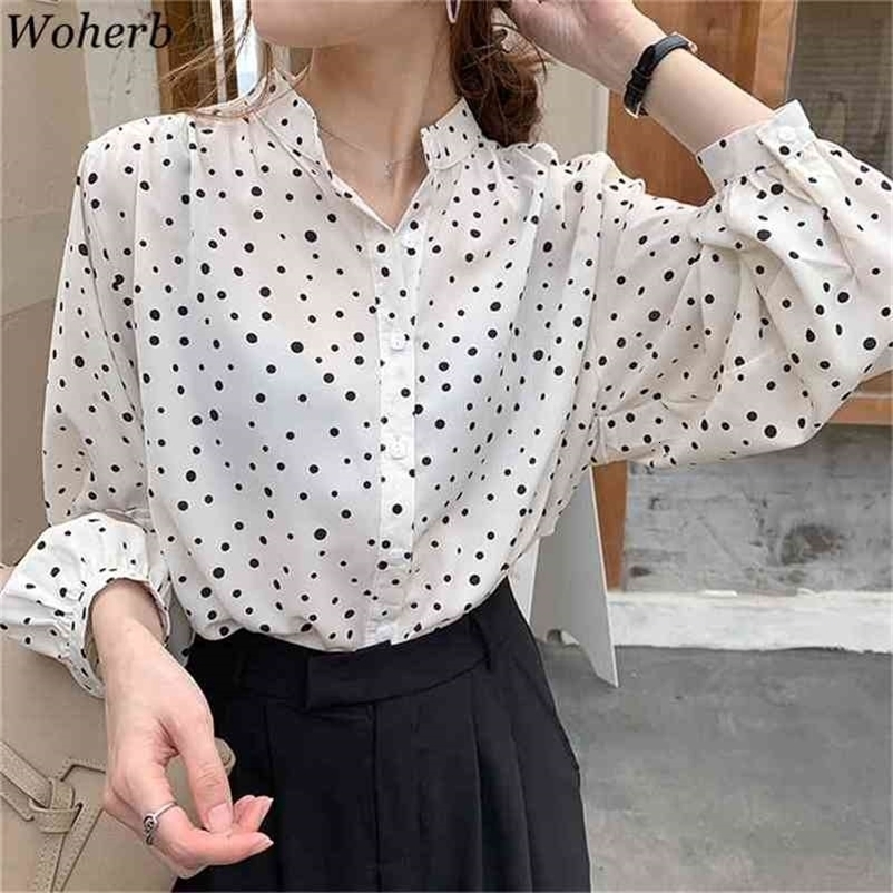 Camisas Mujer Polka Dot Chiffon Blouses Women Spring Vintage Shirts Stand Neck Lantern Sleeve Fashion Blouse Tops Femme 210519