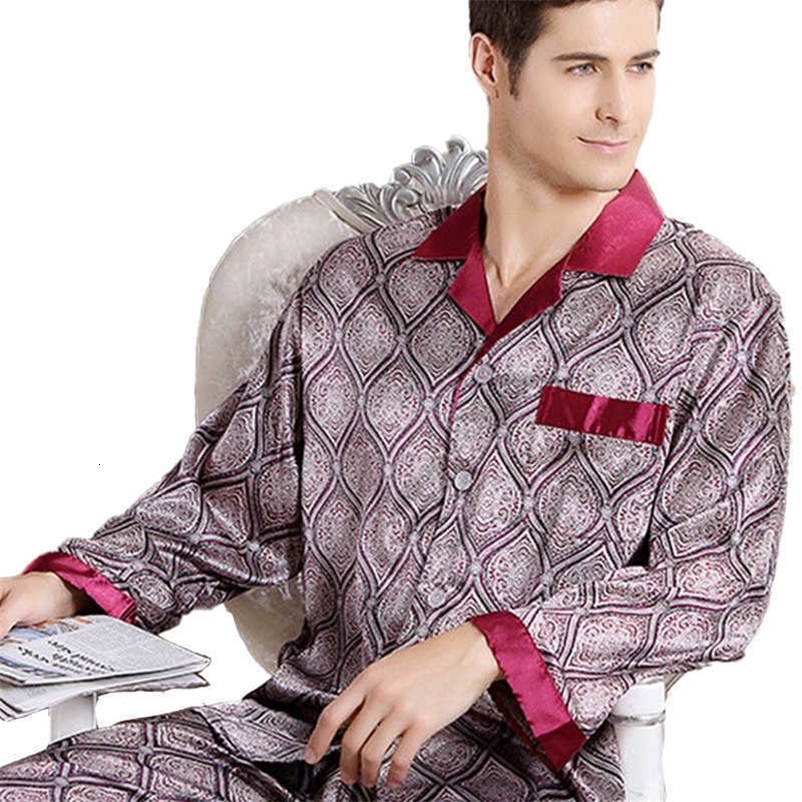 High Quality Silk pajamas paisley Men long-sleeved shirt + trousers two pieces Sleepwear Set Plus Size Pyjamas home clothes Male 211019