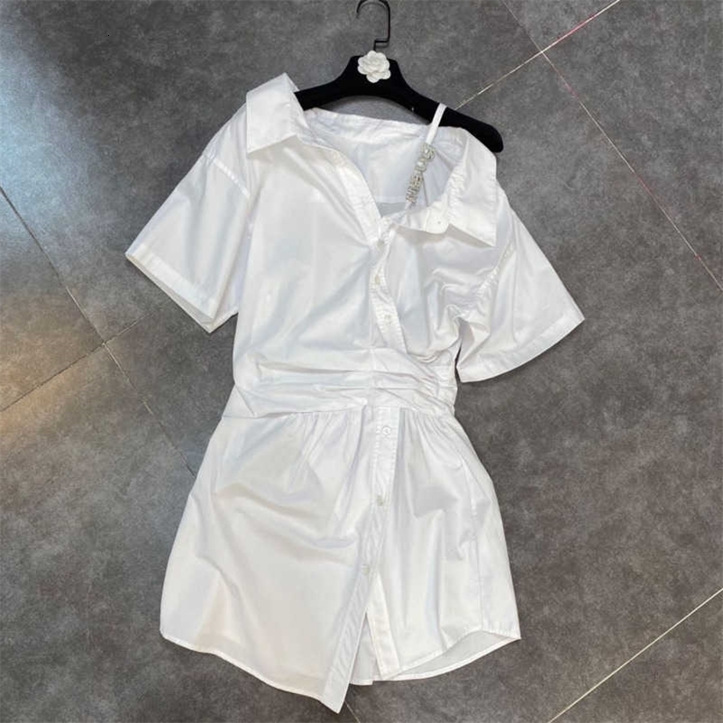 DEAT Spring Summer Fashion Casua Lapel Off Shoulder Short Sleeve Loose Diamond Letter Shirt Dress Women SJ974 210709