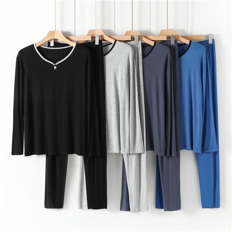 Men's Sleepwear Spring Summer Modal Men's Sleepwear Sets Long Sleeve V Neck Pajamas For MaleSoft Loose Homewear Solid Lounge Wear 2 Pieces/S