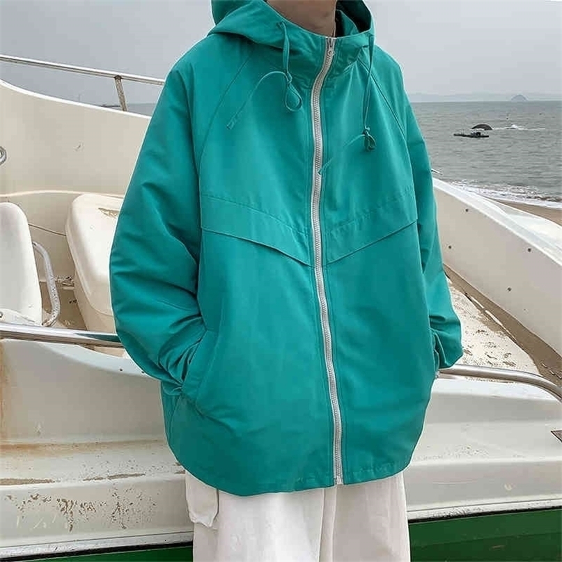 Spring New Korean Fashion Jackets Men's Loose Windbreaker Hooded Zipper Jacket Coats Men's Casual Outwear Black Lake Green 210412