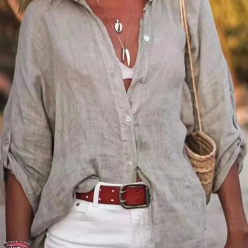 Cotton and linen shirts womens summer solid long sleeved button up cardigans office tops retro streetwear 250318