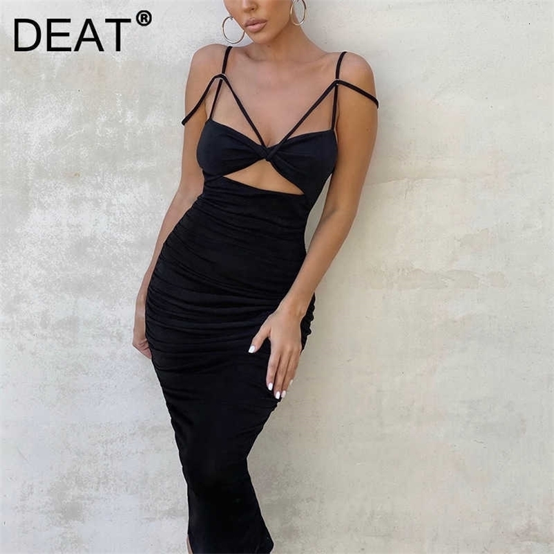DEAT Women Sexy Open Back Velvet Strapless Suspender Midi Dress Solid Color High Waist Fashion Spring Summer 11B446 210709