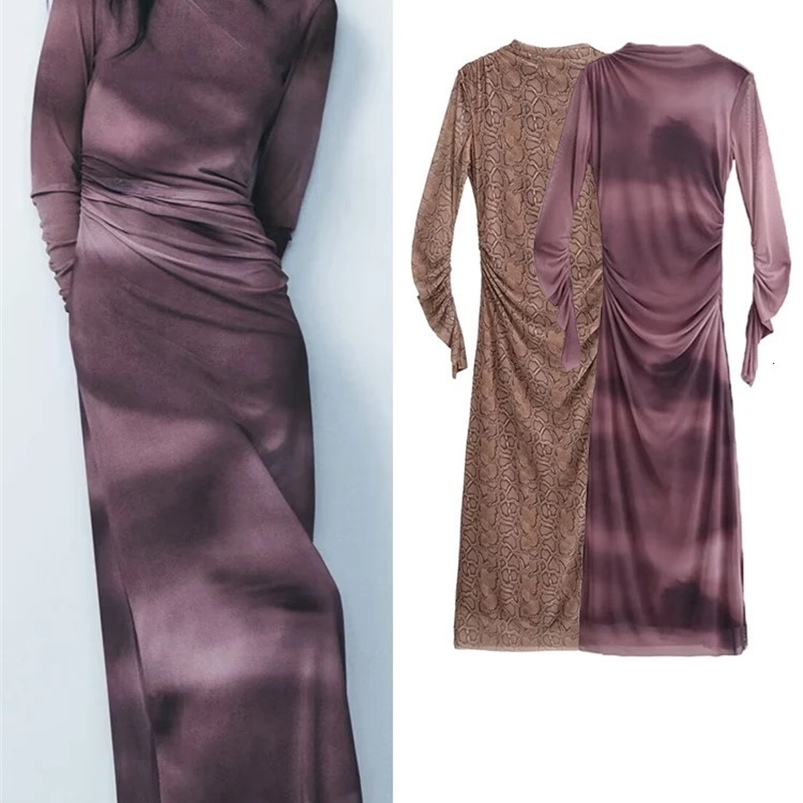 TRAF Womens Printed Chiffon Tight Dress 2025 Fashion Ruffle Elegant Long Sleeve Party Dress 250103