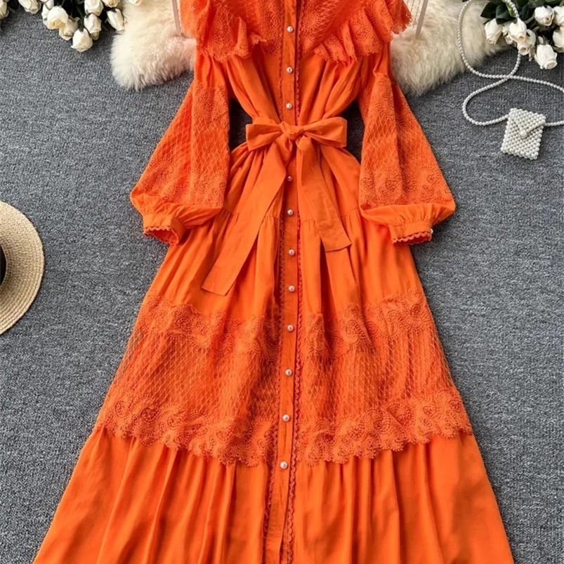 XFPV Retro Lace Embroidery Long Dress Vestidos Women Lantern Sleeve O-neck Single Breasted 2025 Summer Clothing SM11283 250103