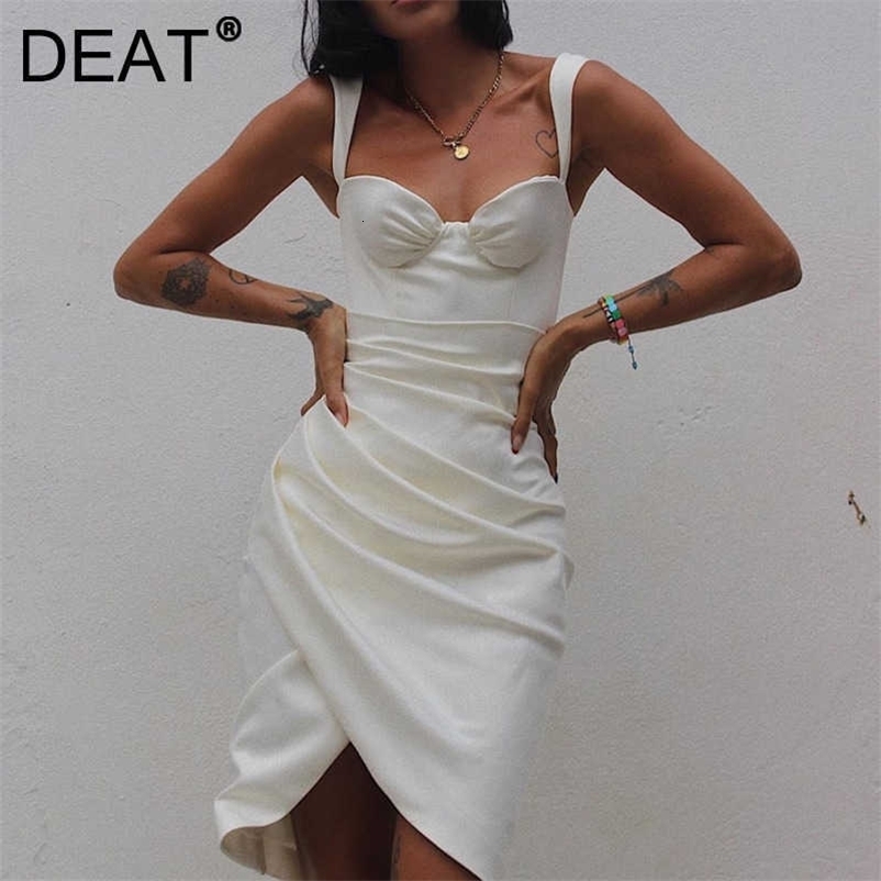 DEAT Women Spring Summer White Pleated Sexy Sleeveless Asymmetrical Temperament Fashion Sling Dresses ML762 210709