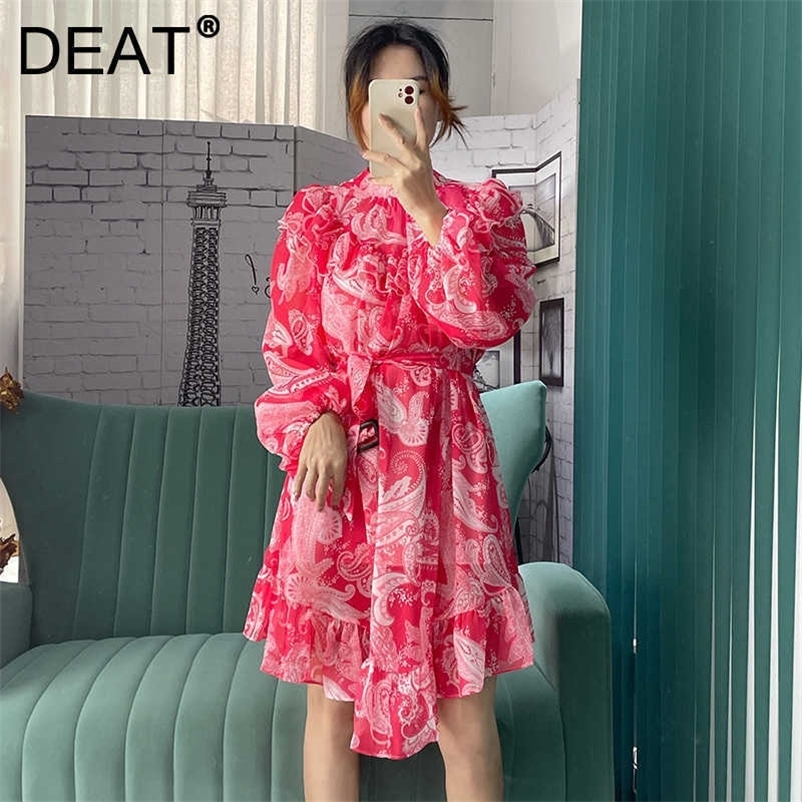 DEAT Women Ruffles Printing Dress Stand Neck Long Sleeve Lady Temperament Fashion Spring Summer 11D1878 210709