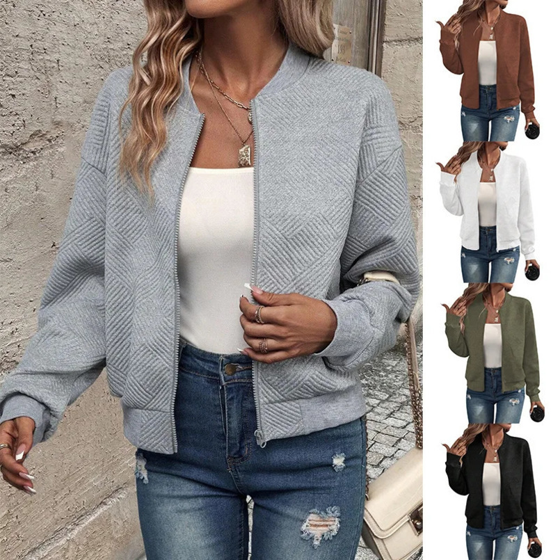 Womens Autumn/Winter Solid Color Simple and Exquisite Zipper Jacket Baseball Collar Casual Jacket 241029