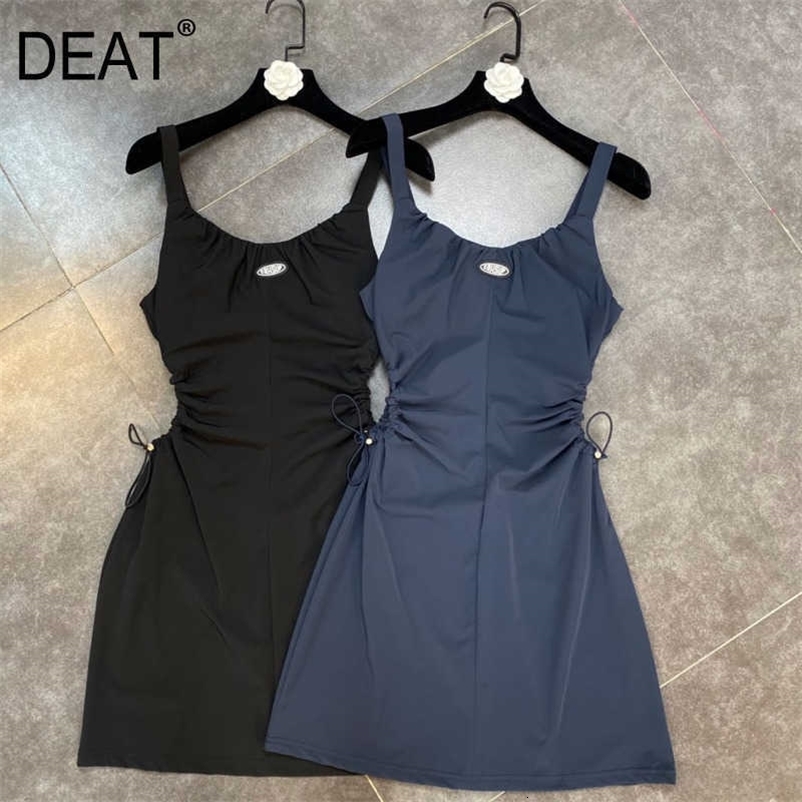 DEAT Spring Summer Fashion Casual U-neck Waist Hollow Drawcord Waist Sleeveless Dress Women SK176 210709