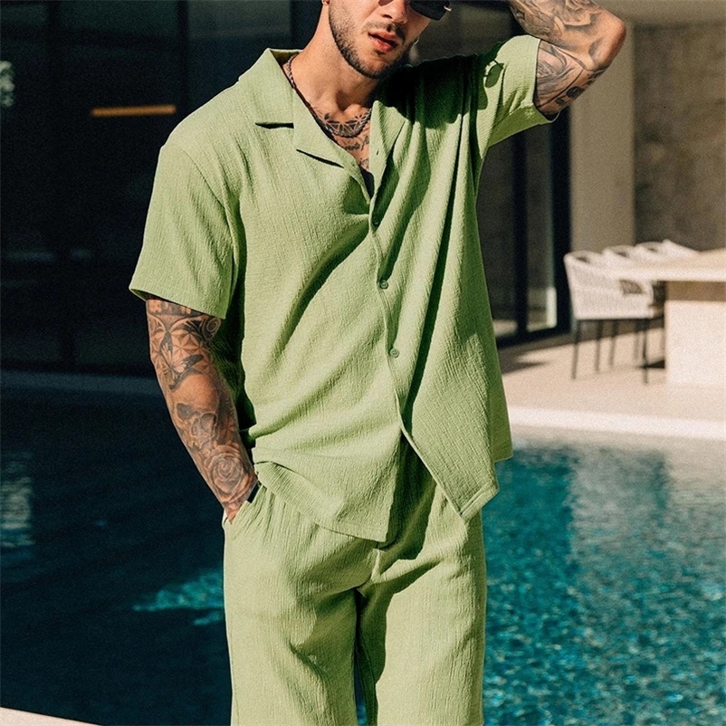Leisure Mens Two Piece Set Short Sleeve Lapel Button Shirts And Shorts Beach Style Suits Men Summer Fashion Clothing Streetwear 240530