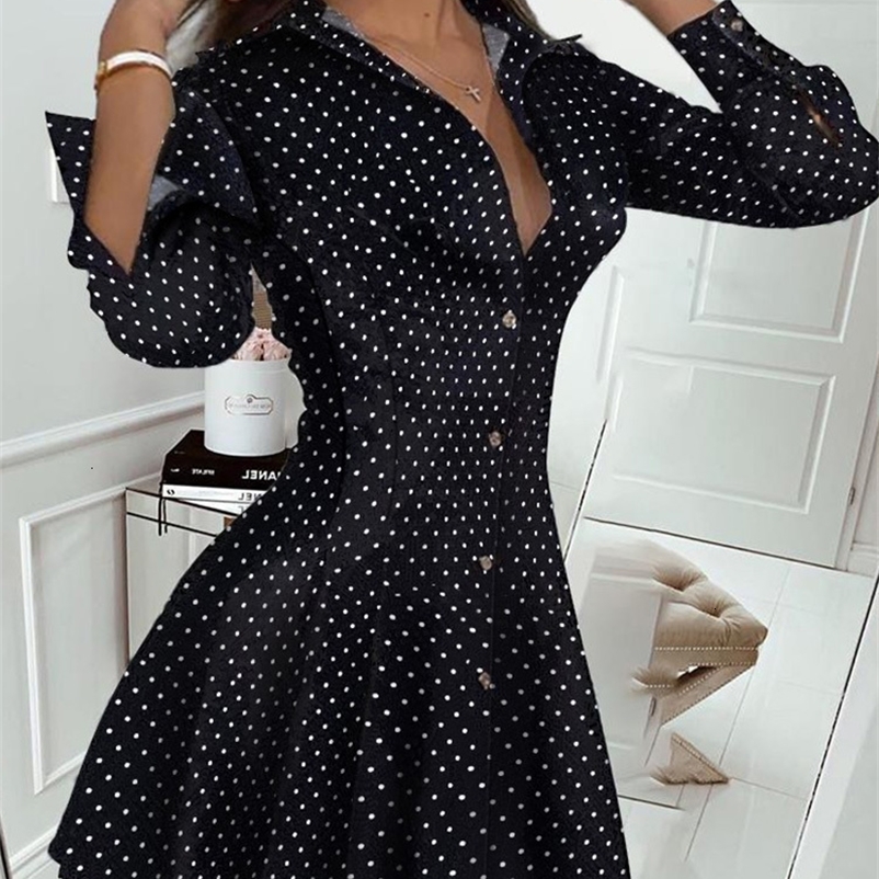 Casual Dresses Dot Print Pleated Skater Dress Women Long Sleeve Turn Down Collar Elegant Mini Dress Ladies Casual Short Dress Workwear 230316