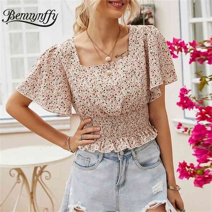 Square Collar Short Sleeve Ruffle Hem Women Tops and Blouses Summer Butterfly Ladies Elegant Print Blouse 210510