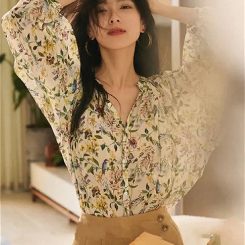 Summer thin soft retro French style gentle classic fashionable womens floral shirt loose casual minimalist 250318