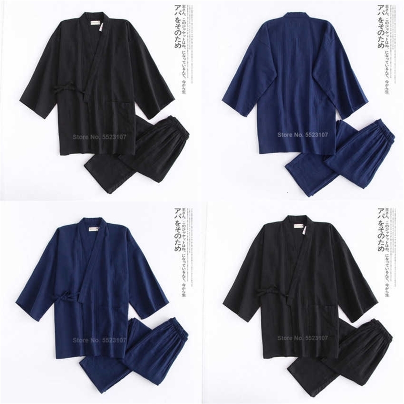 Man Kimono Pajamas Set For Samurai Male Cotton Traditional Japanese Top Trousers Casual Breathable Yukata Sleepwear Clothes 211019