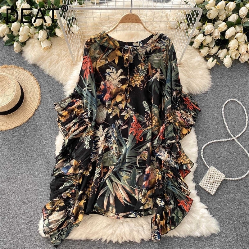 DEAT Women Loose Cloak Ruffles Dress Round Neck Short Sleeve Arrivals Lady Temperament Fashion Spring Summer 11D1546 210709