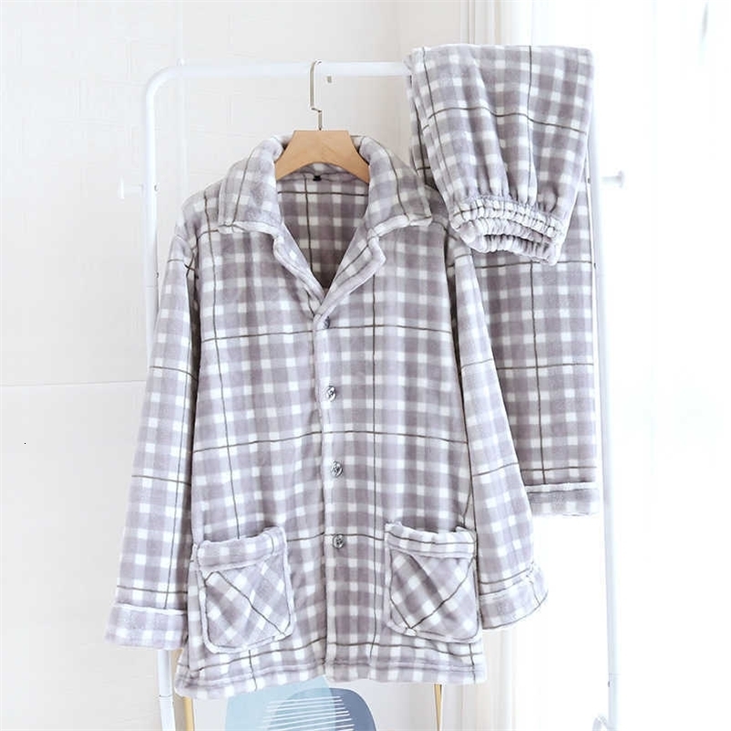 Winter men's pajamas long-sleeved trousers two-piece flannel thickened warmth large size simple plaid home service suit men 211019