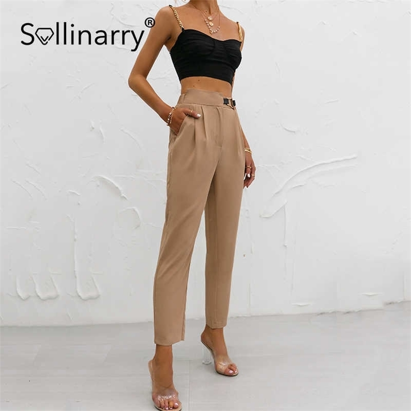 Sollinarry Asymmetric belt trousers Casual High Waist Khaki Pants Women Summer Brown Ladies Office Trousers Pocket Female Pants 210709