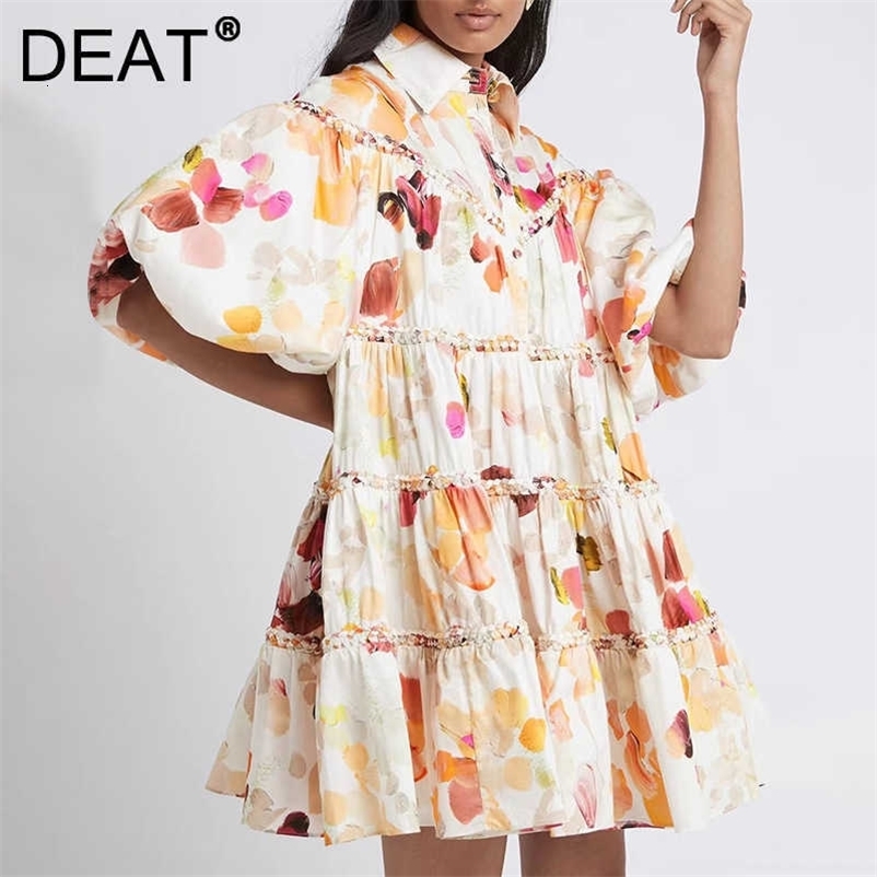 DEAT Women Dress Lapel Three Quarter Sleeve Arrivals Lady Temperament Fashion Spring Summer 11D1823 210709