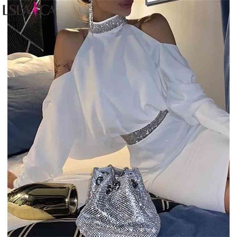 Winter dress long sleeve white halter sexy caual party elegant high waist solid color evening club bodycon 210515