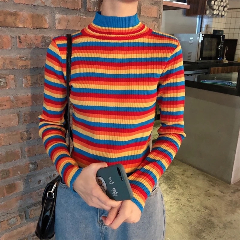 Winter Rainbow Knitted Women Sweaters And Long Sleeve Turtleneck Casual Pullovers Sueter Mujer Tops Korean Striped Acrylic Jumpe 240912