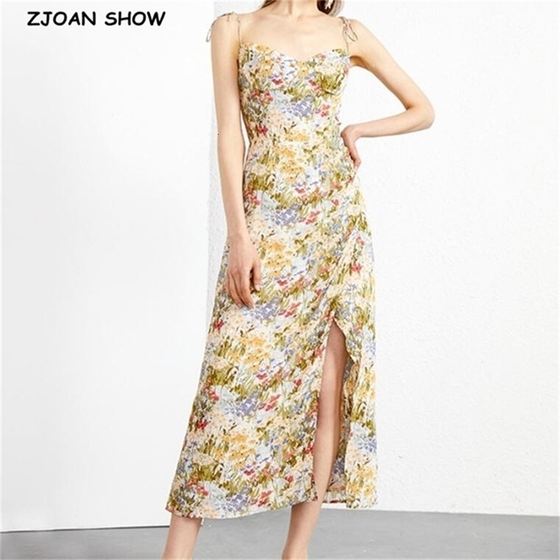 Holiday Summer Colored Floral Print Sling Dress Sexy Hem Slit A-line Adjust Spaghetti Strap Chiffon Long 210429