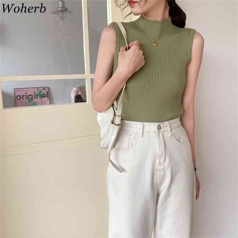 Women Tank Tops Summer Knitted Turtleneck Ladies Sexy Thin Slim Female Casual T-shirt All Match Top 210519