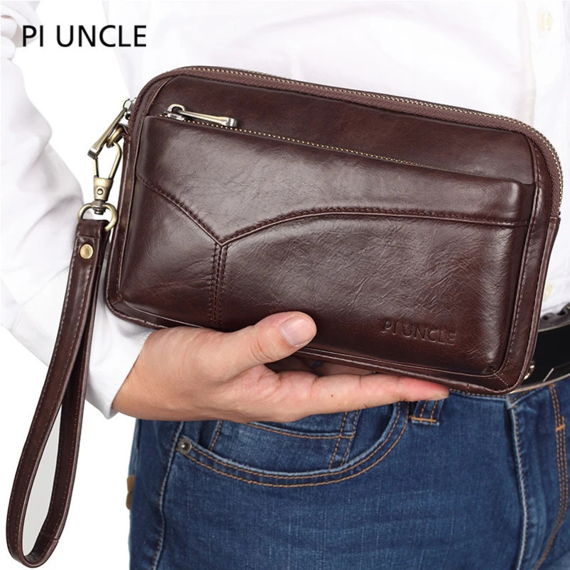 Mens leather handbag large capacity currency wallet mobile phone pocket womens soft double zipper mens clutch bag 240808