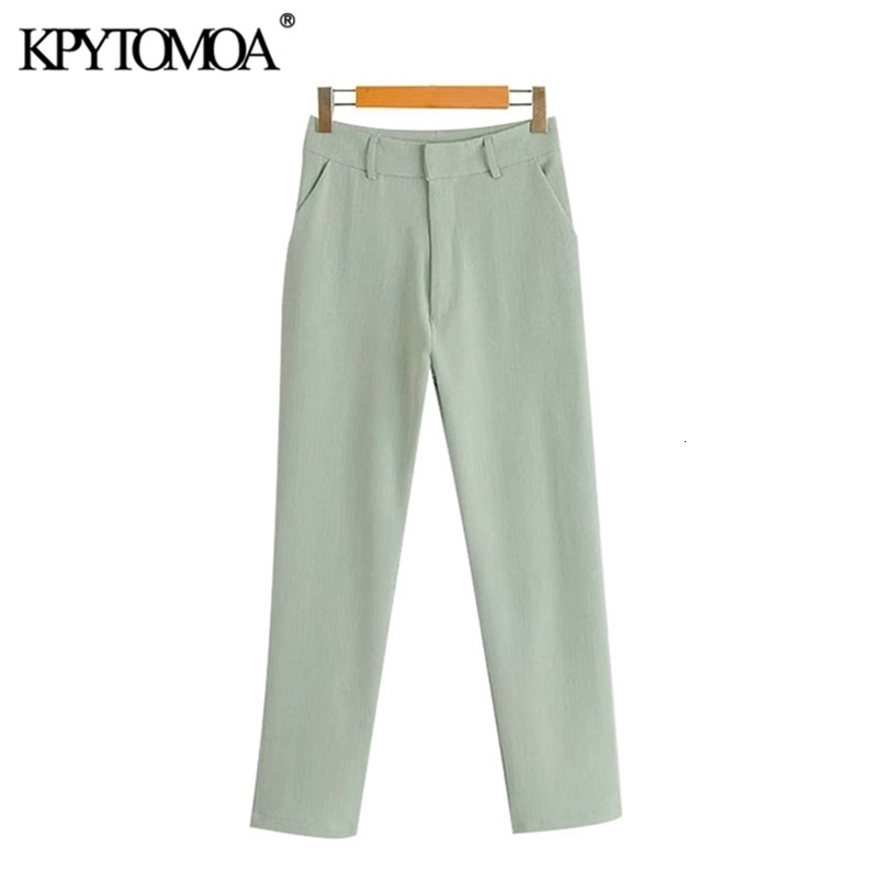 Women Chic Fashion Office Wear Straight Pants High Waist Zipper Fly Pockets Female Ankle Trousers Mujer 210420