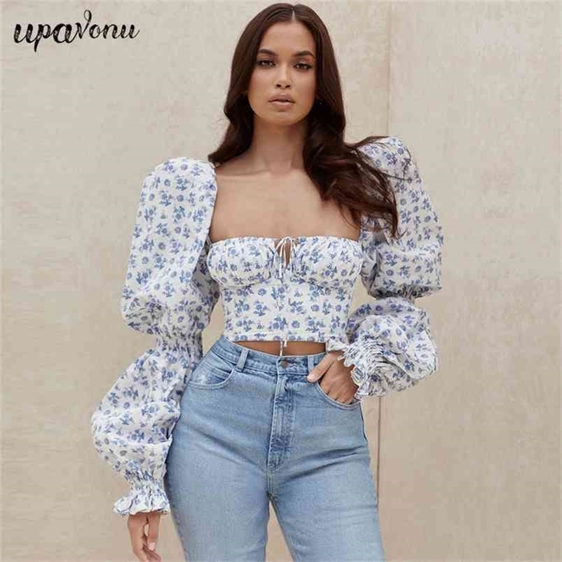 Free Fashion Blue Print Crop Top Women Sexy Square Neck Puff Sleeve Club Celebrity Party Lace-Up Shirt 210524