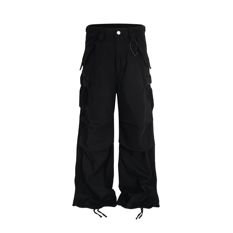 New Streetwear Knee Pleated Silhouette Baggy Cargo Pants for Men Solid Straight Casual Trousers Oversized Multipockets Pants