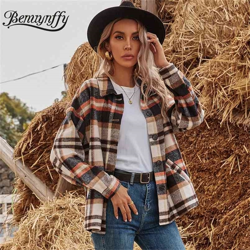 Turn-down Collar Drop Long Sleeve Autumn Winter Plaid Coat Women Casual Single Breasted Ladies Outwear Coats Jacket 210510