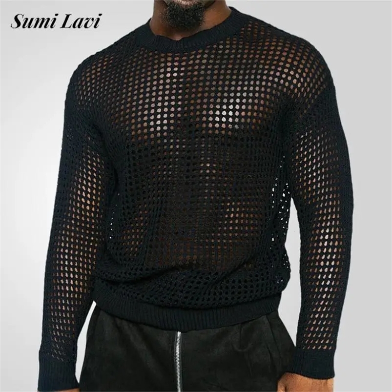 Spring casual mens mesh T-shirt long sleeved staff collar knitted floral top mens retro solid color mesh tee 250207