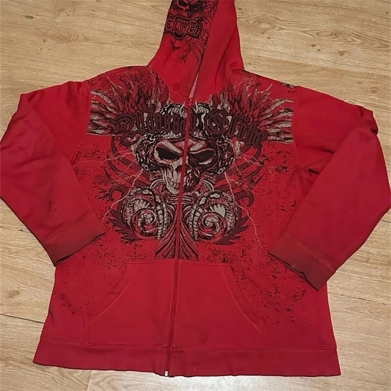 Y2k Hoodie Gothic Red Skull Pattern Printing Hip Hop Casual Sweatshirt Selling Personality Retro Hoodies Women Men Streetwear 240106