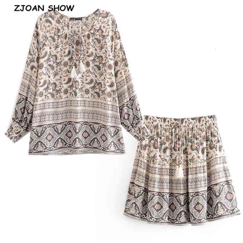1 set BOHO Paisley Floral Print Long sleeve Shirt Ethnic Women Tassel Lacing up Mini Short Skirts Holiday Skirt sets Suits 210429