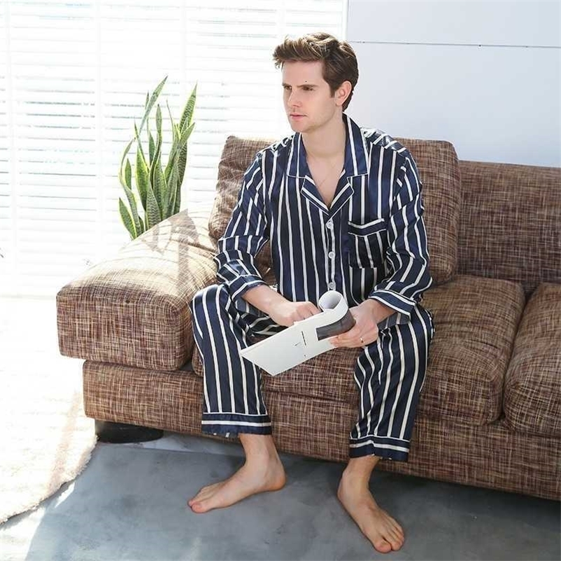Pajama Sets Men Silk Satin Pijamas Striped Sleepwear Home Suit Pajama Lover Man Woman Lovers' Clothes Sleep Tops 211019