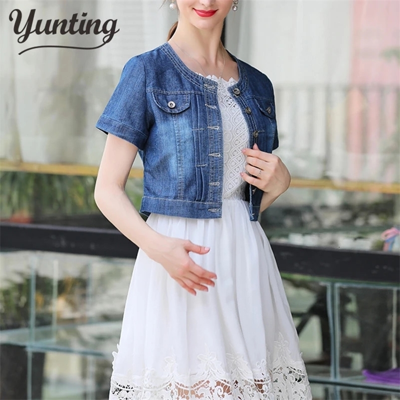 Autumn Women Denim Jackets Round Collar Basic Cropped Trendy Short Sleeve Jeans Blue Bomber Coat Tops 240717
