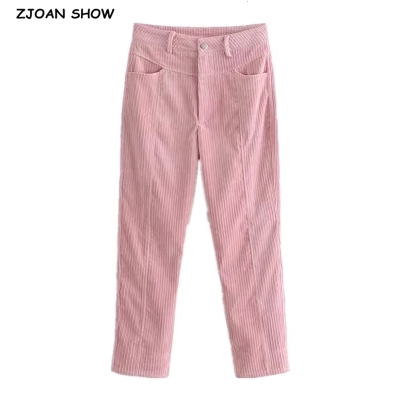 Vintage French Corduroy Pants Autumn Woman High Waist Ankle Length Small Pencil Pink Trousers 210429