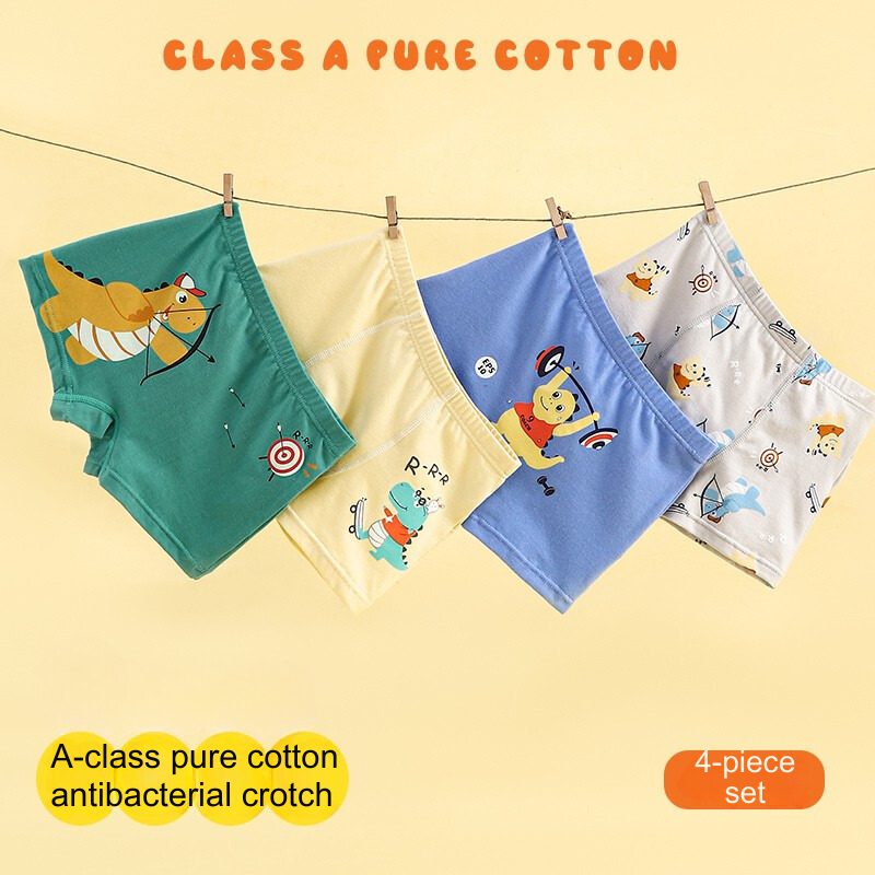 Kids' Cartoon Dinosaur Print Cotton Boxers Set of Four with Antimicrobial Properties-4917