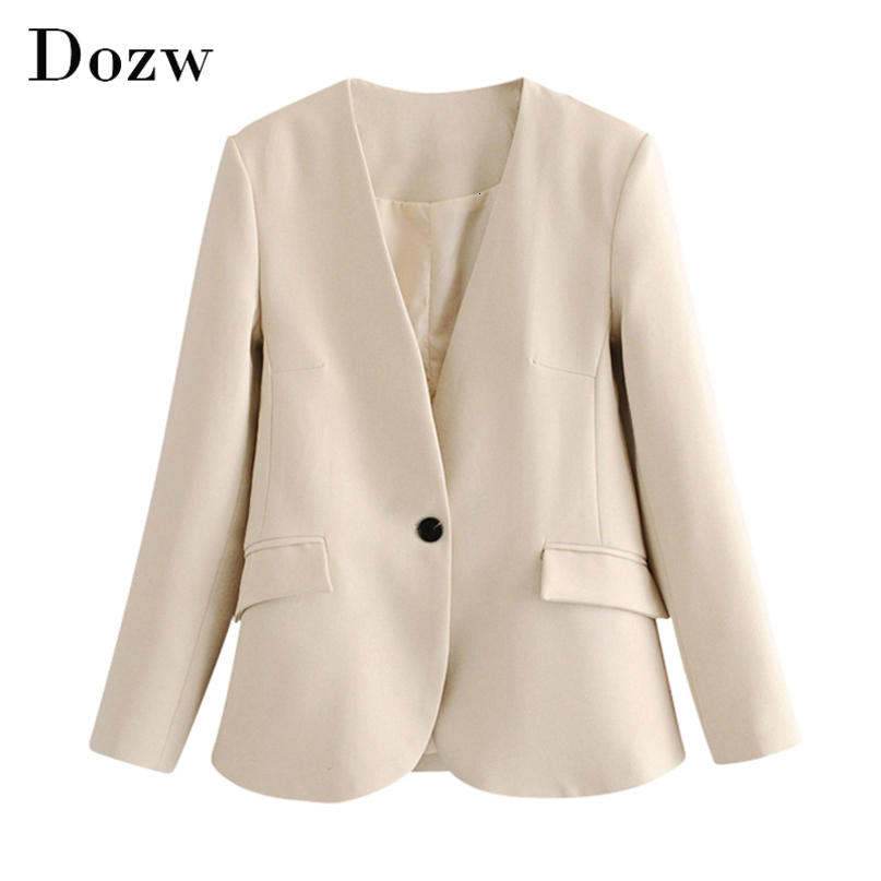 Women V Neck Office Blazers Casual Long Sleeve Solid Suit Jackets With Pockets Work Wear Single Breasted Khaki Coat 210414
