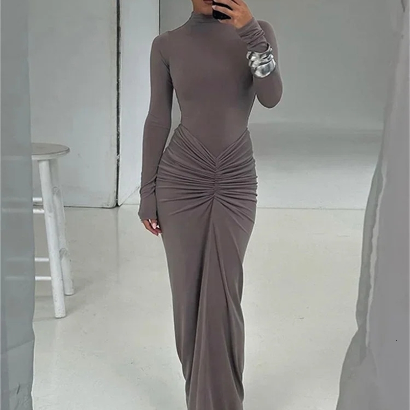 Tossy Pleated Fashion Patchwork Long Dress Womens High Waist Long Sleeve Solid Slim Party Dress Summer Female Maxi Dress 250117