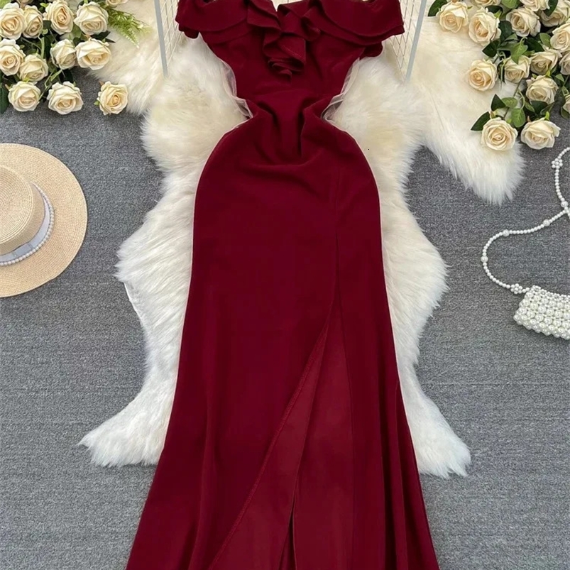 XFPV Women High Waiste Ruffles Temperament A-line Dresses Strapless Slash Neck Solid Color Vestidos Spring Summer 2025 SM9724 250103