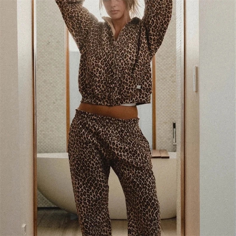 Punk fashion leopard print hooded sweatshirt womens sports pants Y2K street hip-hop original cheetah print hooded sweatshirt retro set 241214