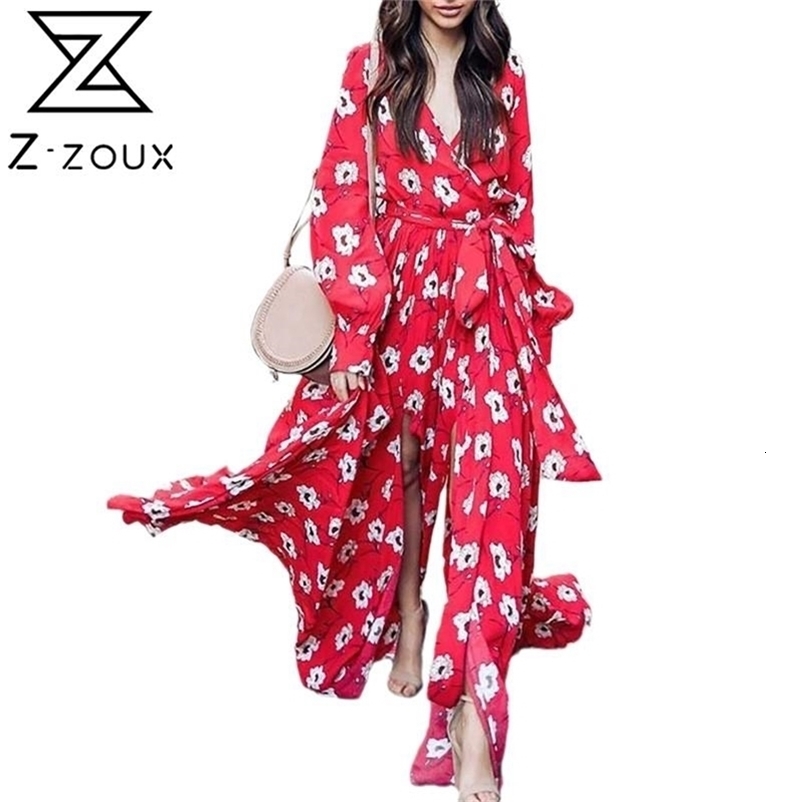 Women Dress Printed Bohemia es Sexy Long Print Floral Maxi Sleeve Lace Up Split Plus Size Summer es 210513