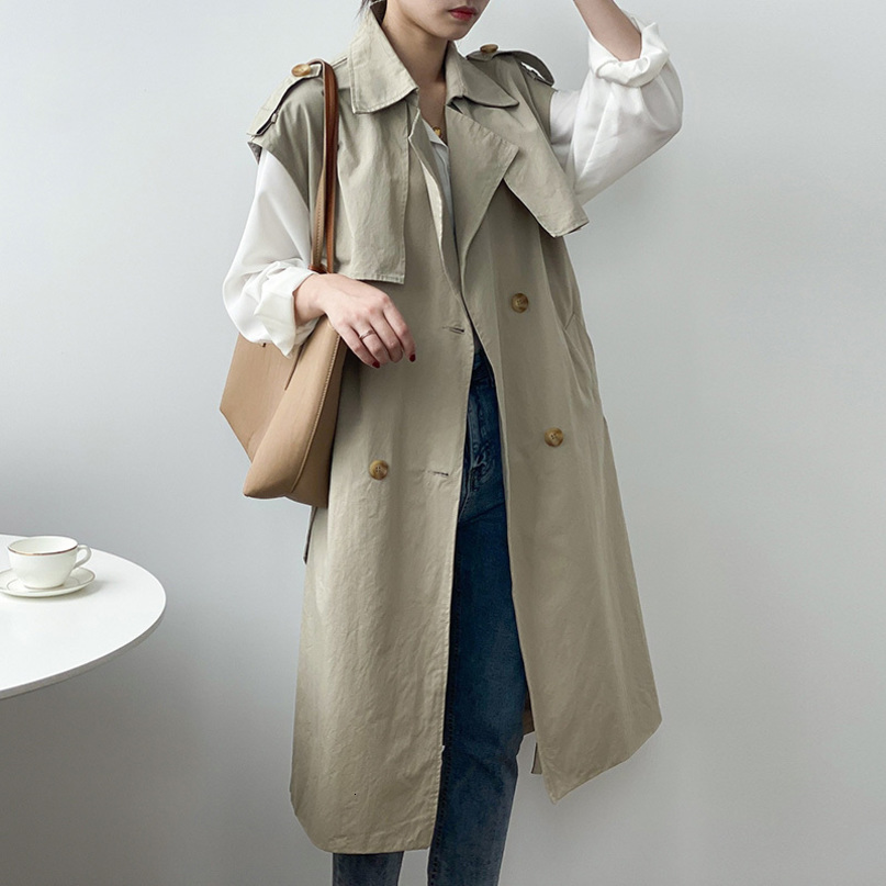 Women Solid Long Trench With Belt Sleeveless Double Breasted Chic Coat Female Turn Down Collar Office Wear Windbreaker 210414